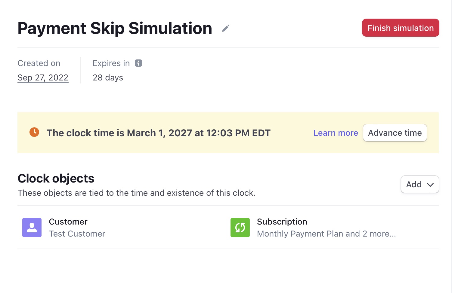 How to advance the test clock simulation
